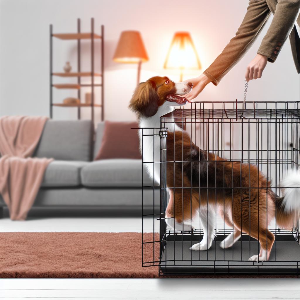 Dog being guided into modern crate.