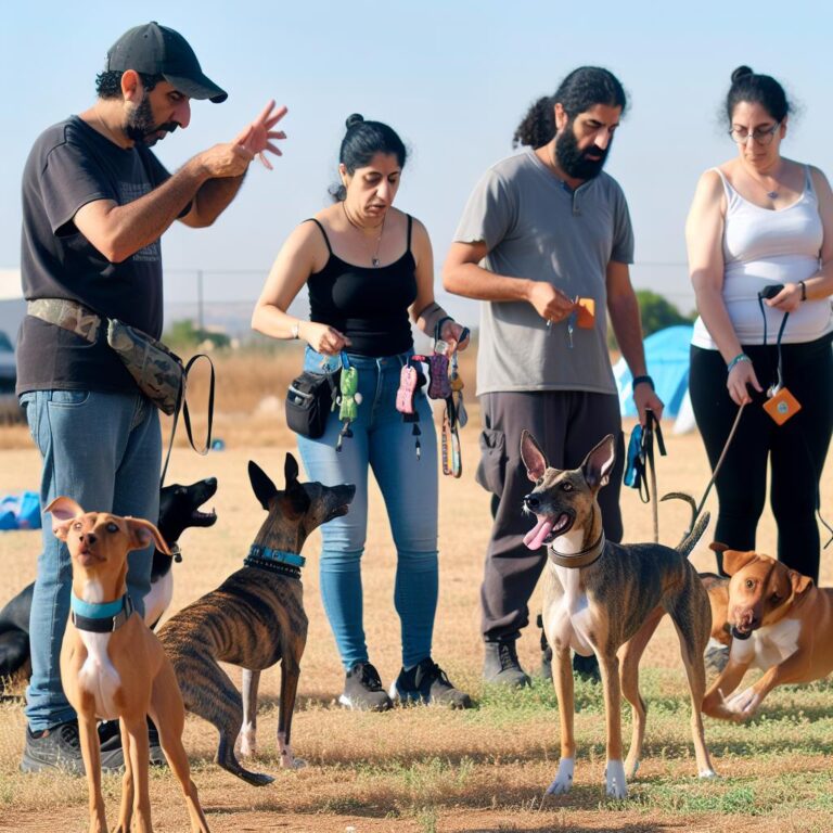 Diverse group training dogs in open field.