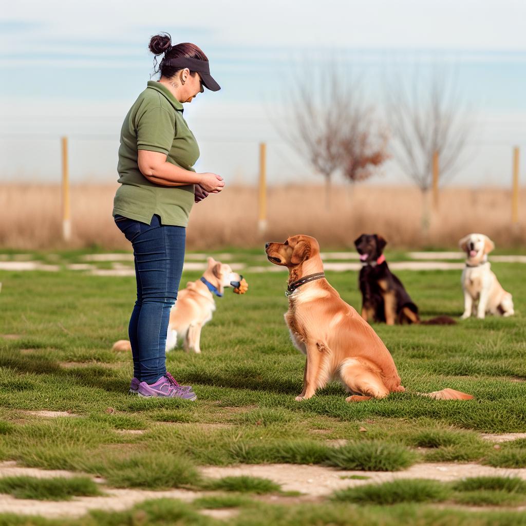 Trainer instructs dogs in grassy field