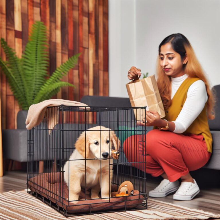 Golden Retriever puppy crate training with treats.