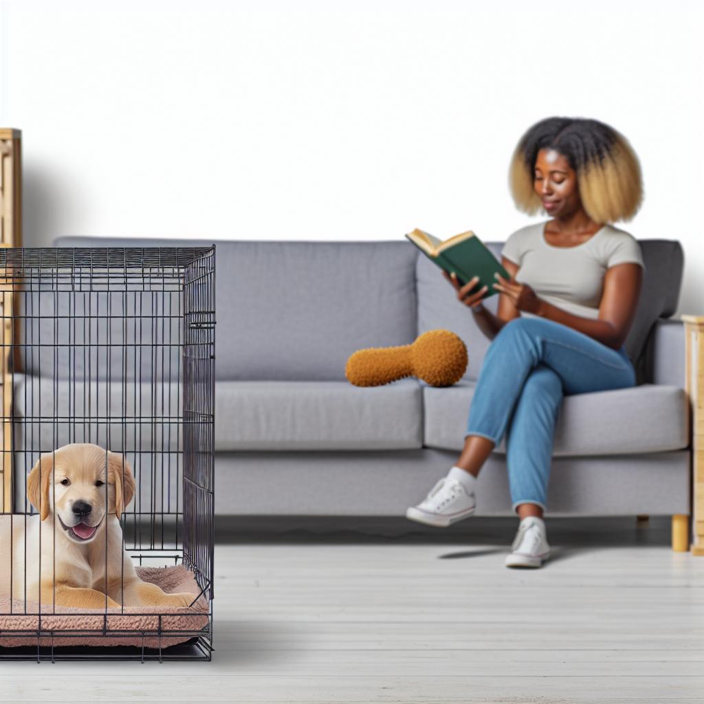 Black woman reading in living room with crate-trained puppy.