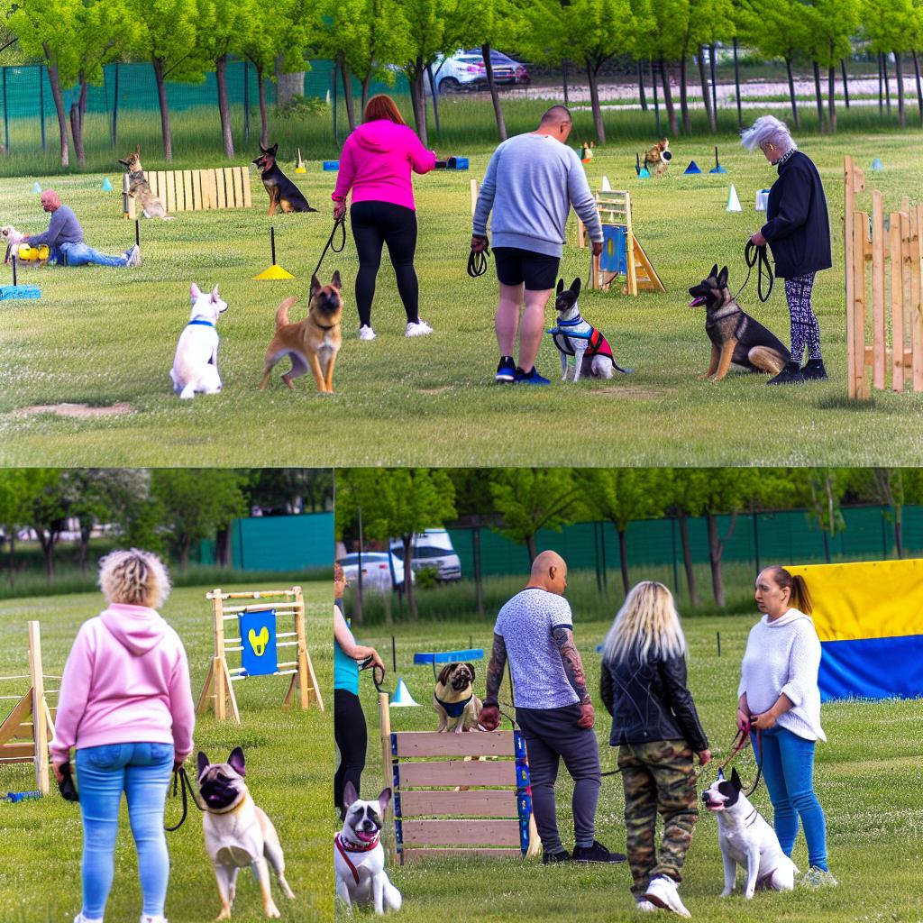 Dogs and owners in obedience training at park.