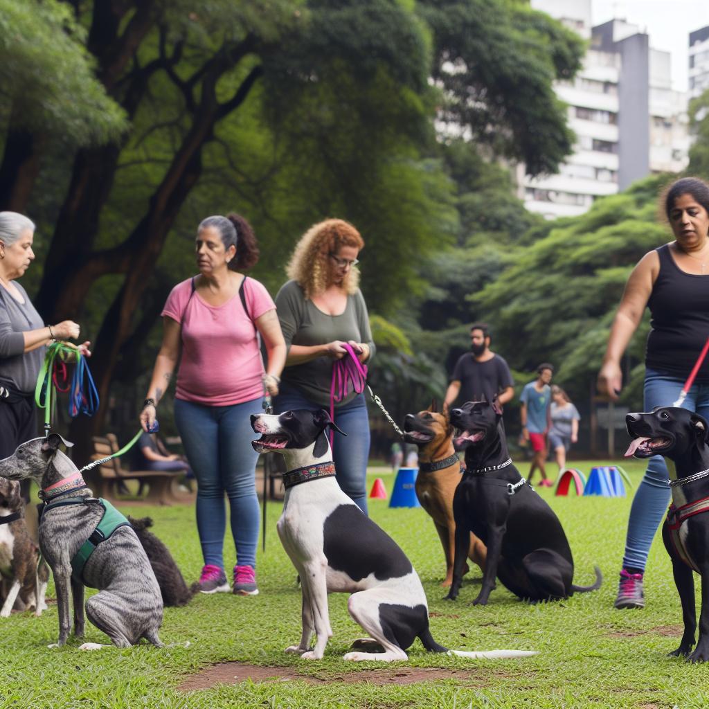 Dogs of various breeds in a park obedience class. (9 words)