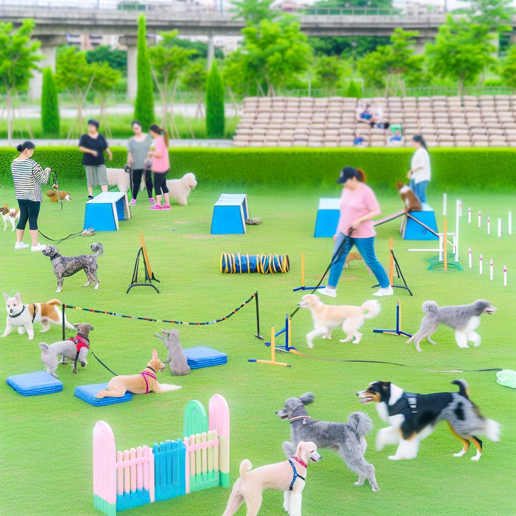 Dogs with trainers in outdoor obedience class