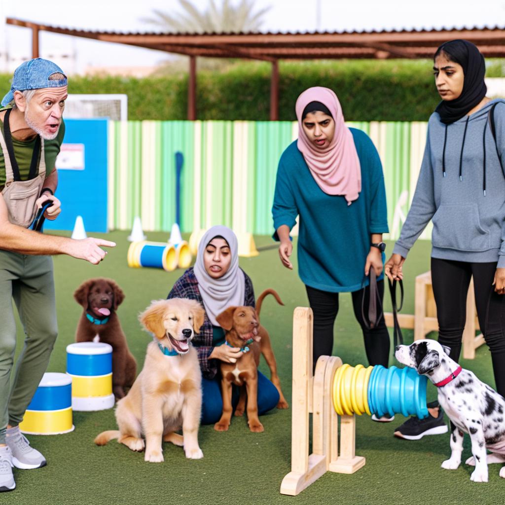 Dog training class in outdoor park.