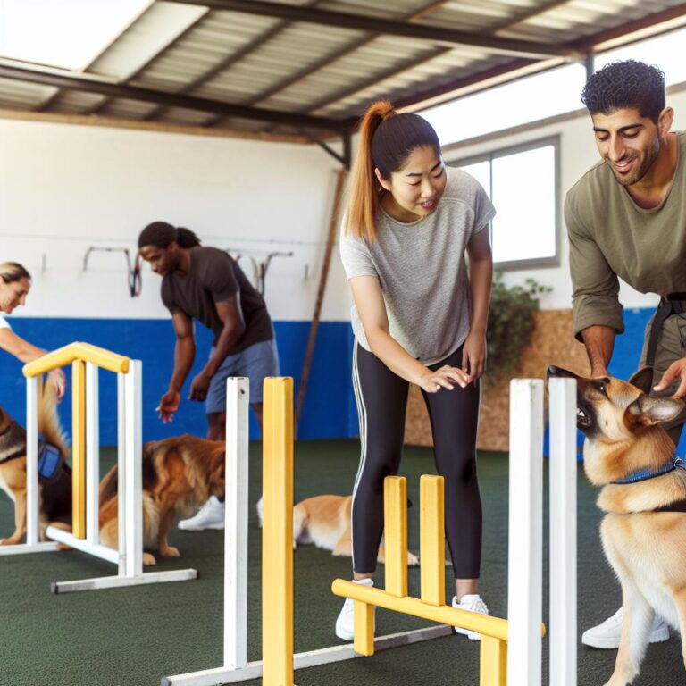 Trainers guiding dogs in training center.