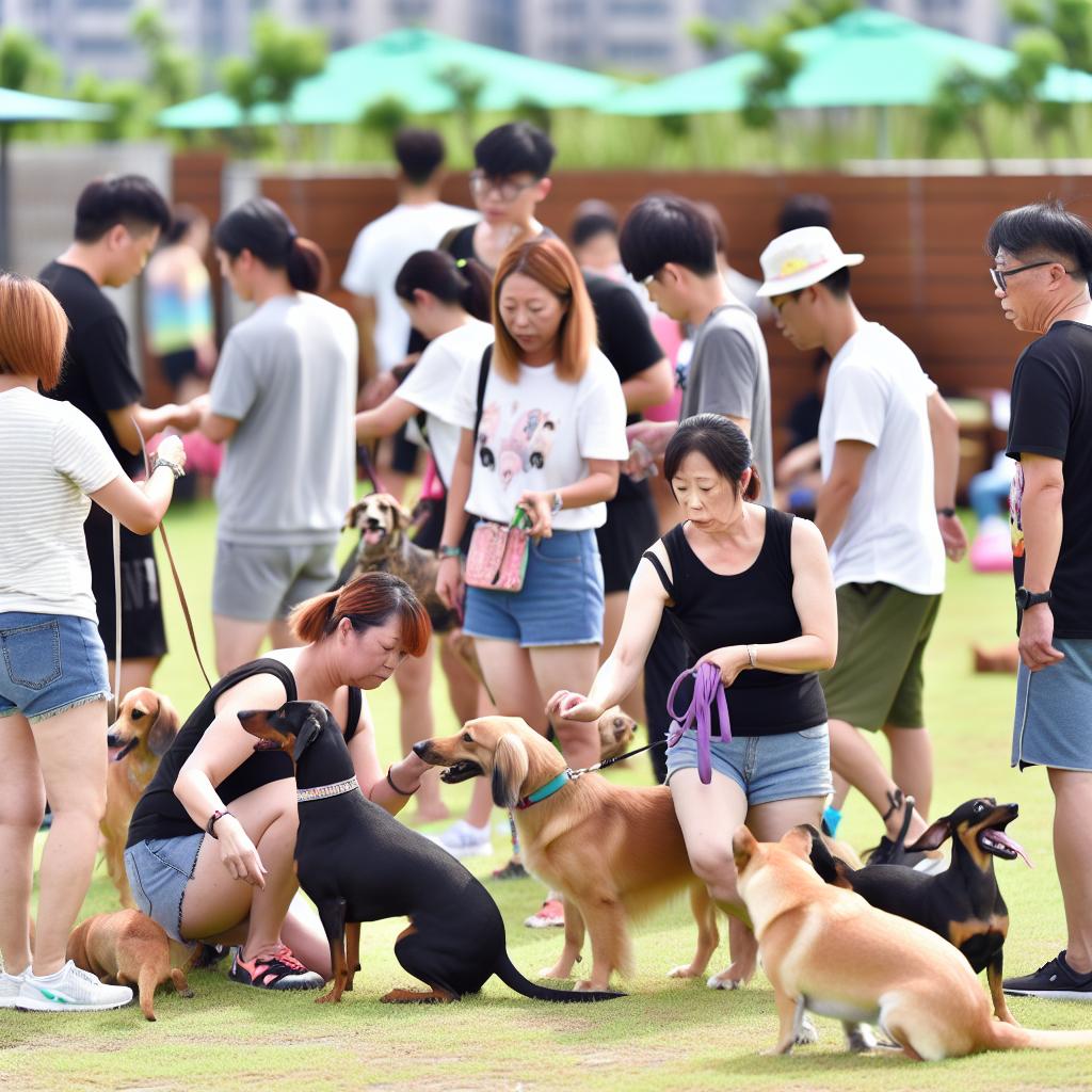 Group dog training class in a park