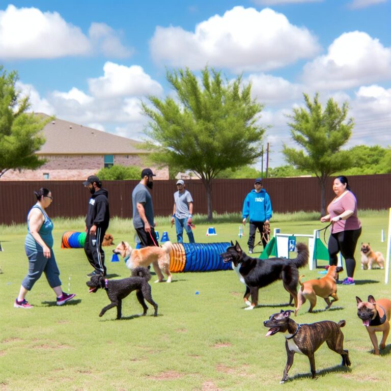 Dogs training in a suburban park.