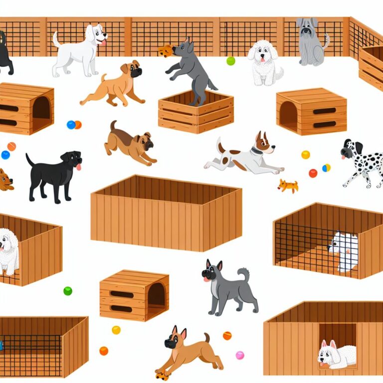 Dogs playing in a wooden crate area.