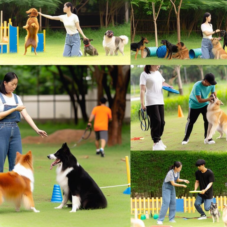 A diverse dog training scene in a park.