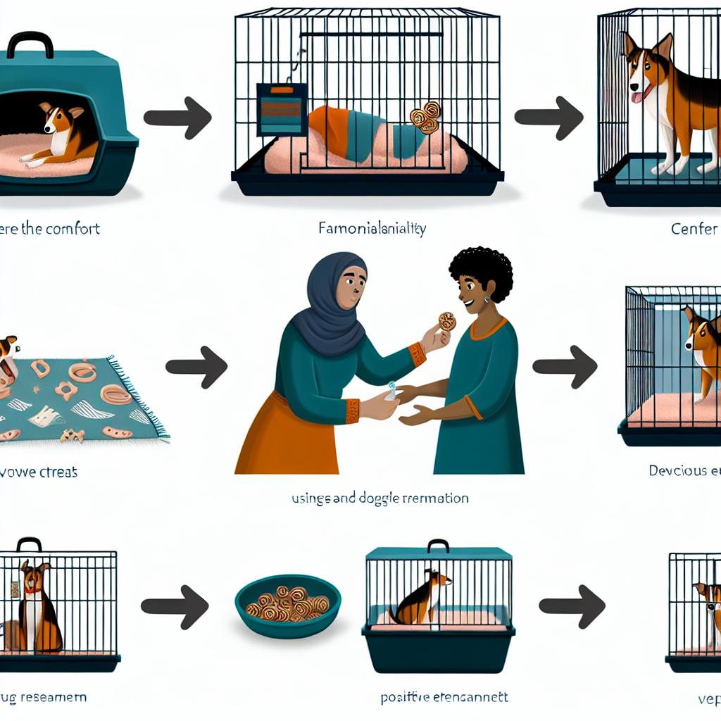 Dog crate training process illustrated step-by-step.