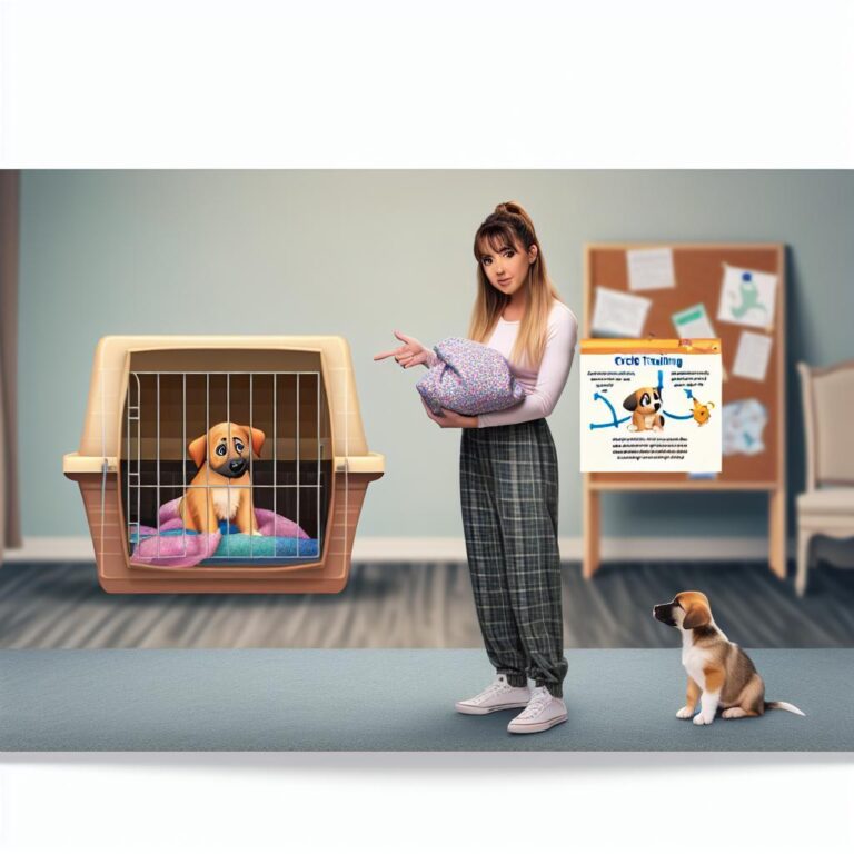 Trainer showing crate training to attentive puppy.