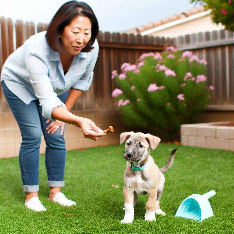 Woman potty training puppy in backyard.