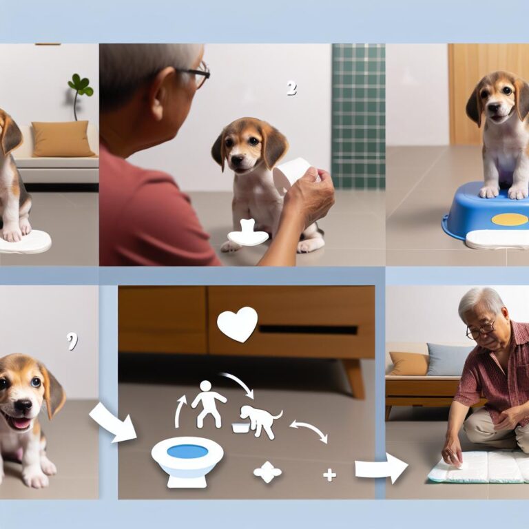 Elderly man training a puppy with pads.