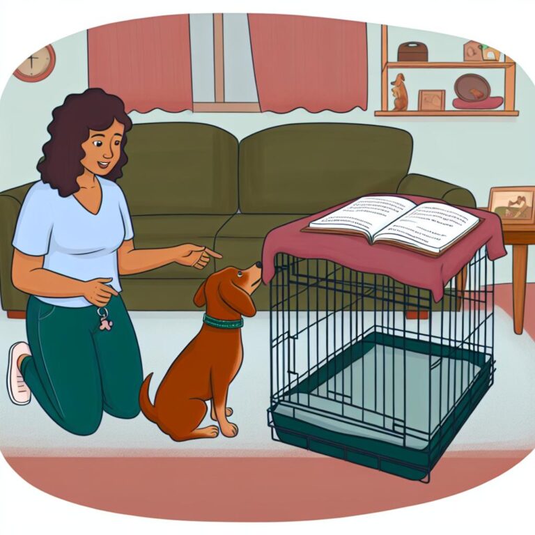 Female dog owner teaching crate training