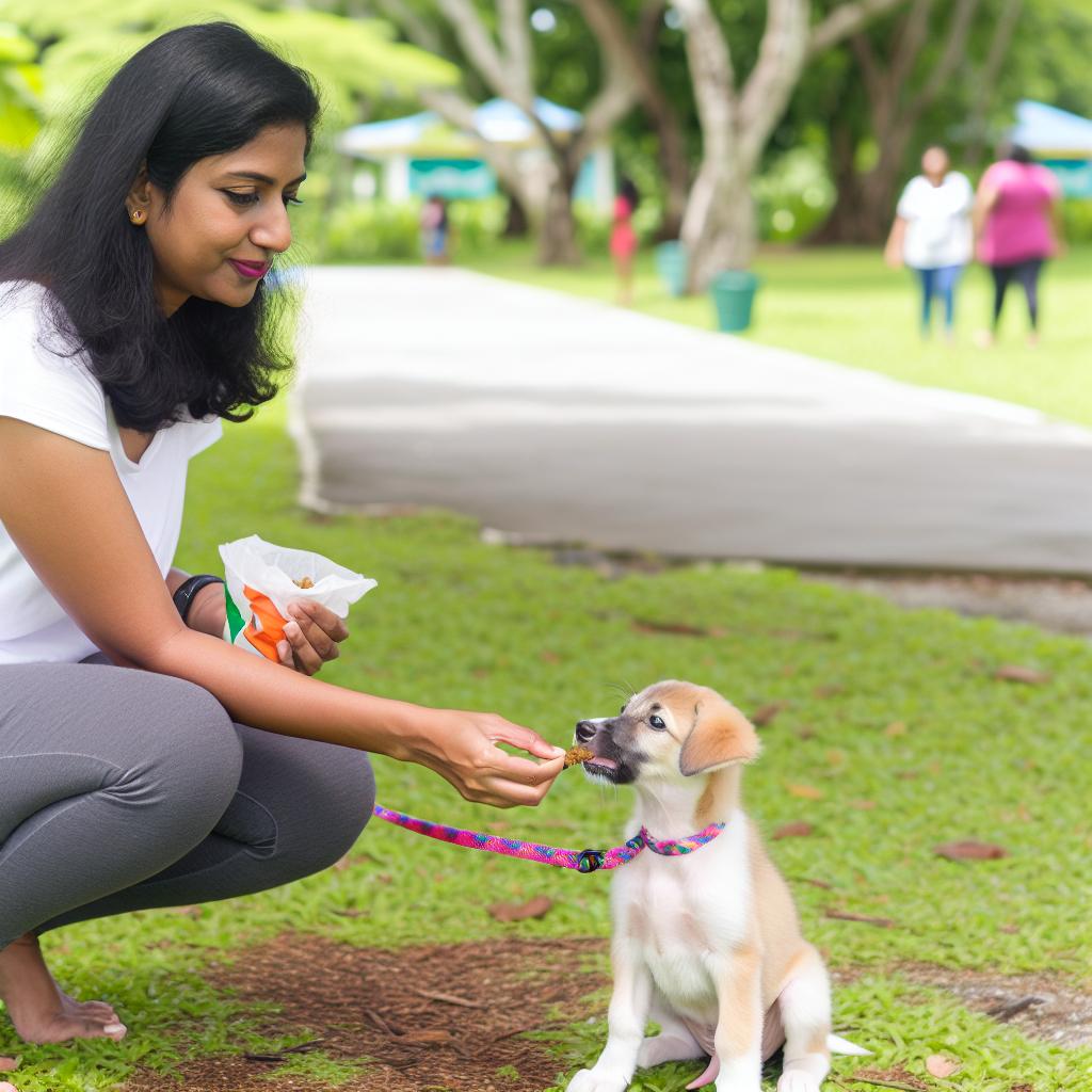 Owner rewarding puppy during potty training in park.