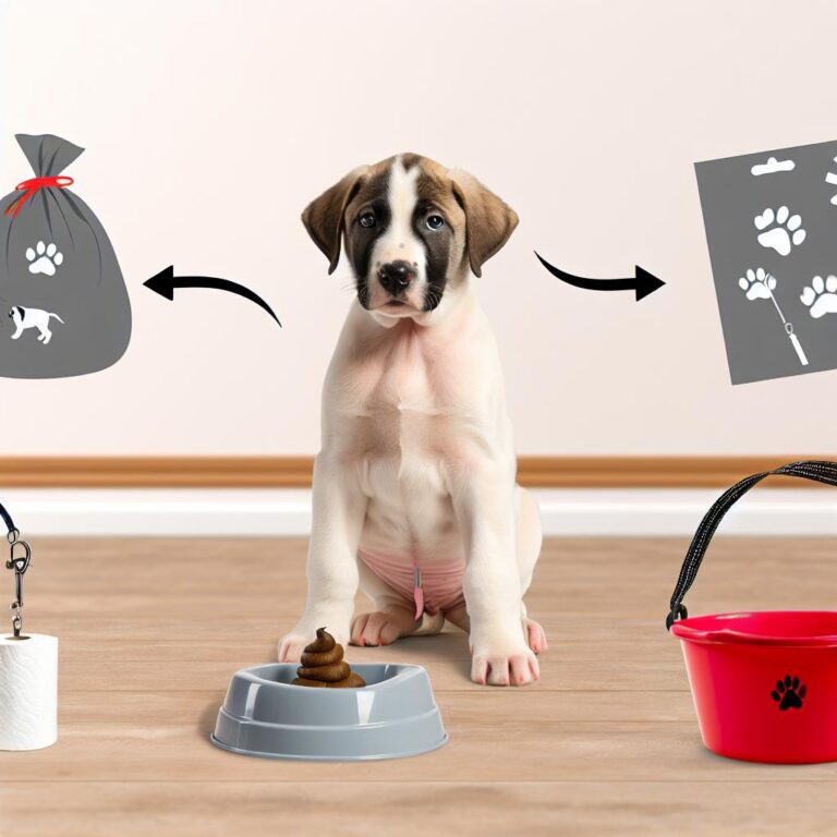 Puppy potty training with leash and tools.