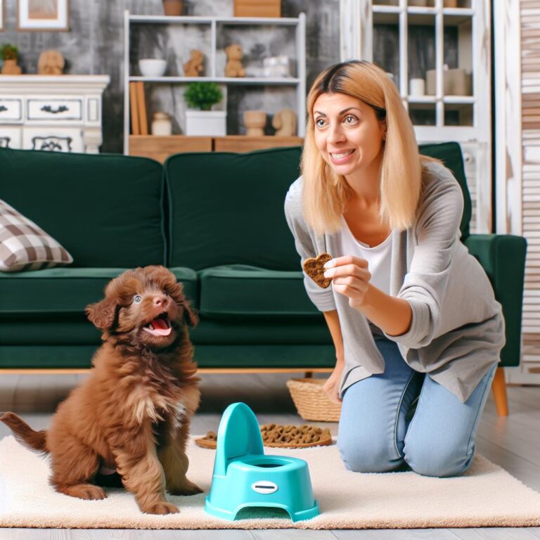 Puppy potty training with owner in living room.