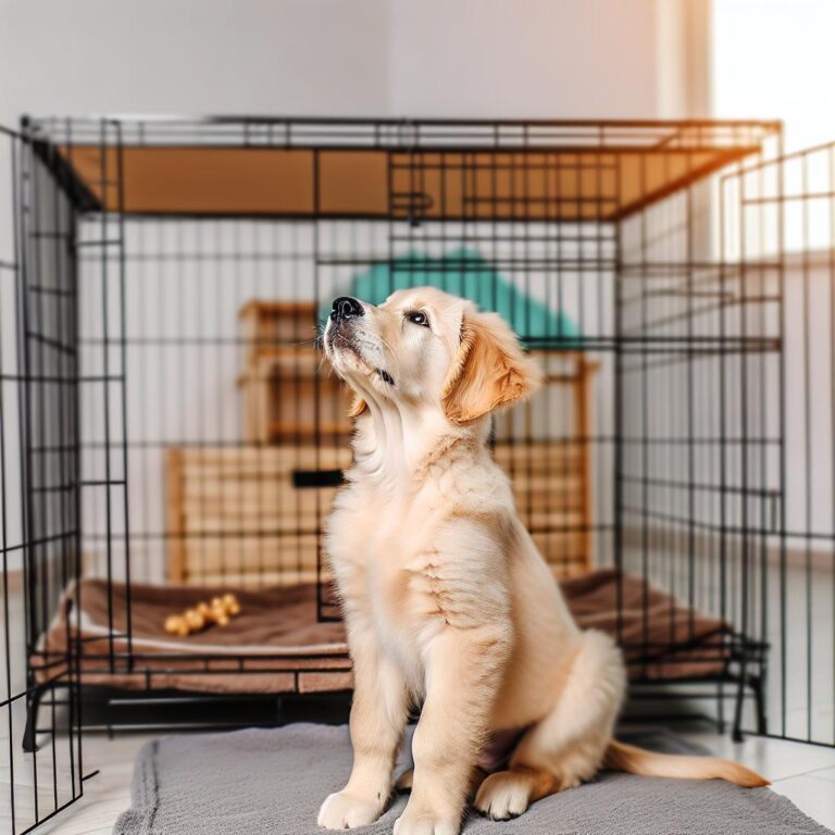 Golden retriever puppy in cozy kennel.