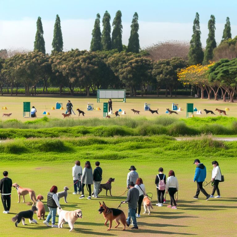 Dog obedience classes in park with diverse owners