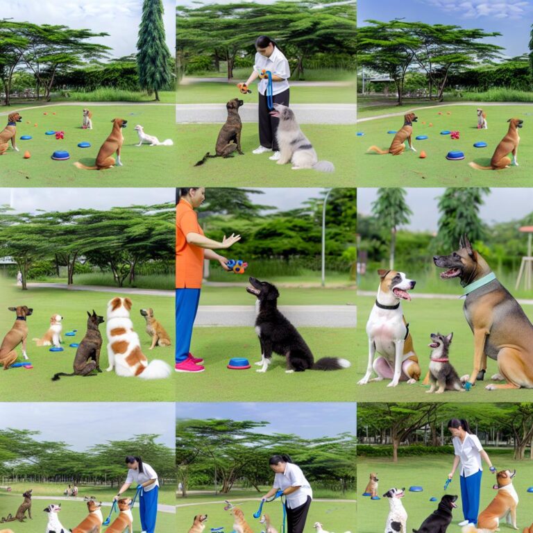 Diverse dogs at obedience training in park