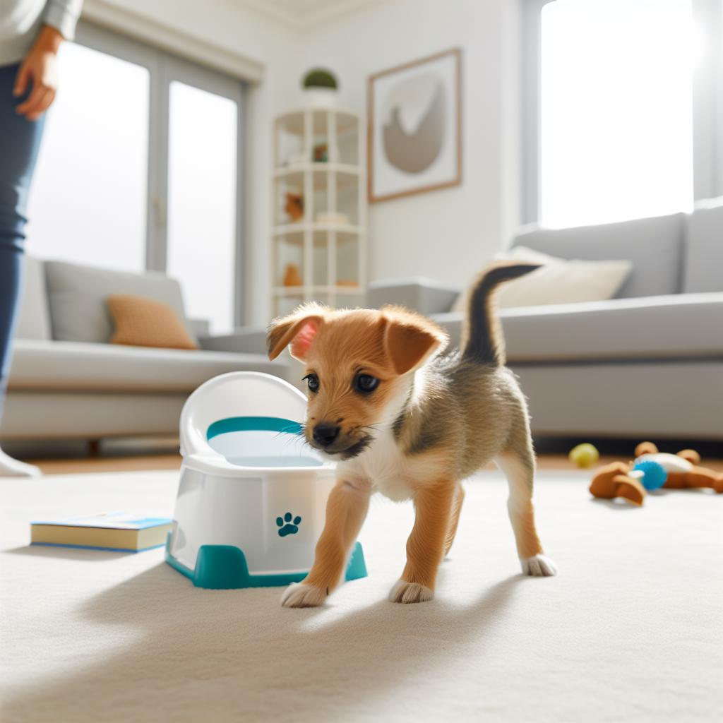 Puppy learning potty training in living room.