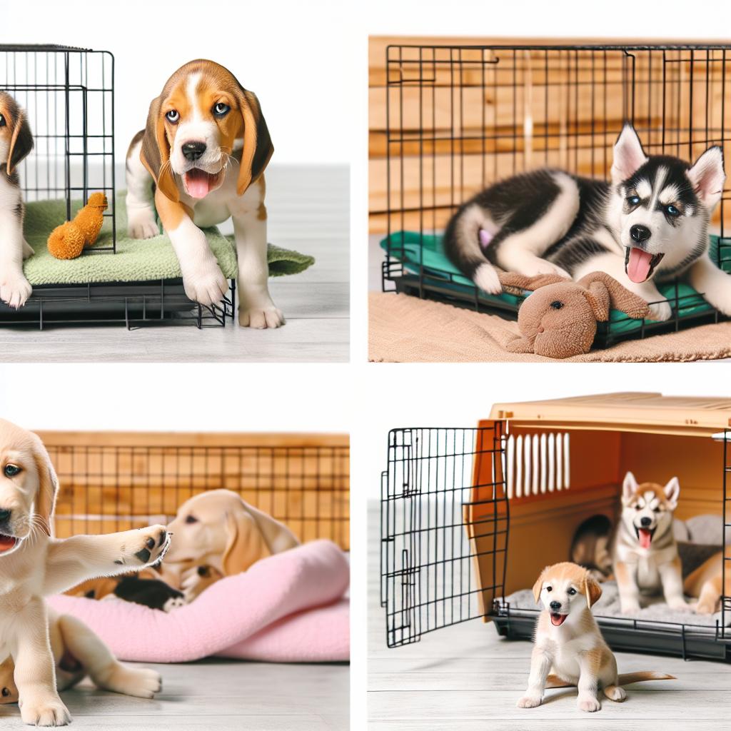 Puppies crate training with blankets and toys.