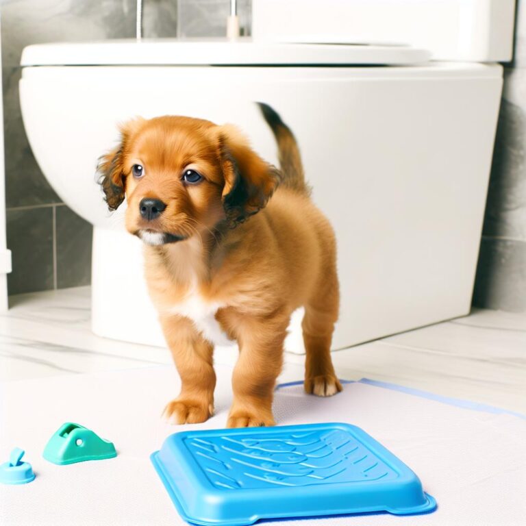 Puppy training in a well-lit bathroom