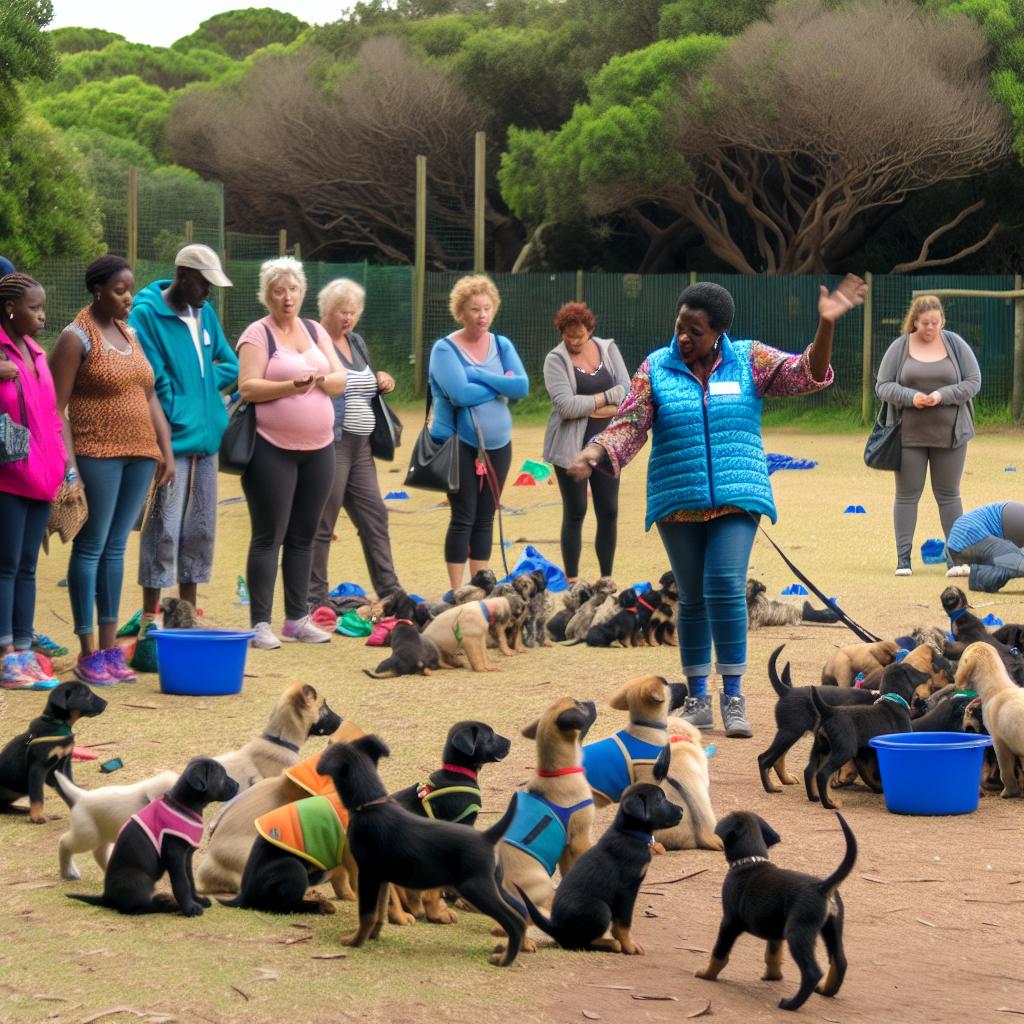 Puppy training class with diverse participants.