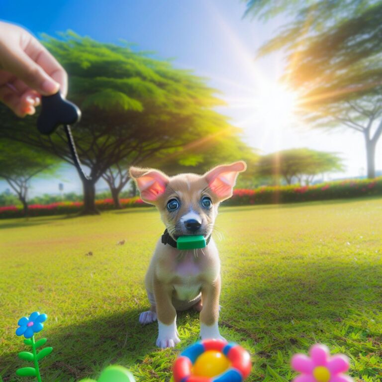 Puppy training in sunny park