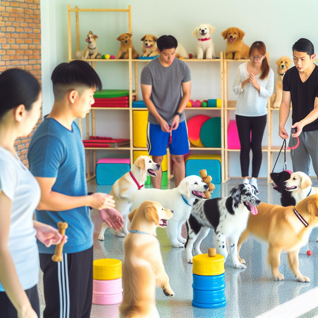 Puppies of various breeds in obedience class.