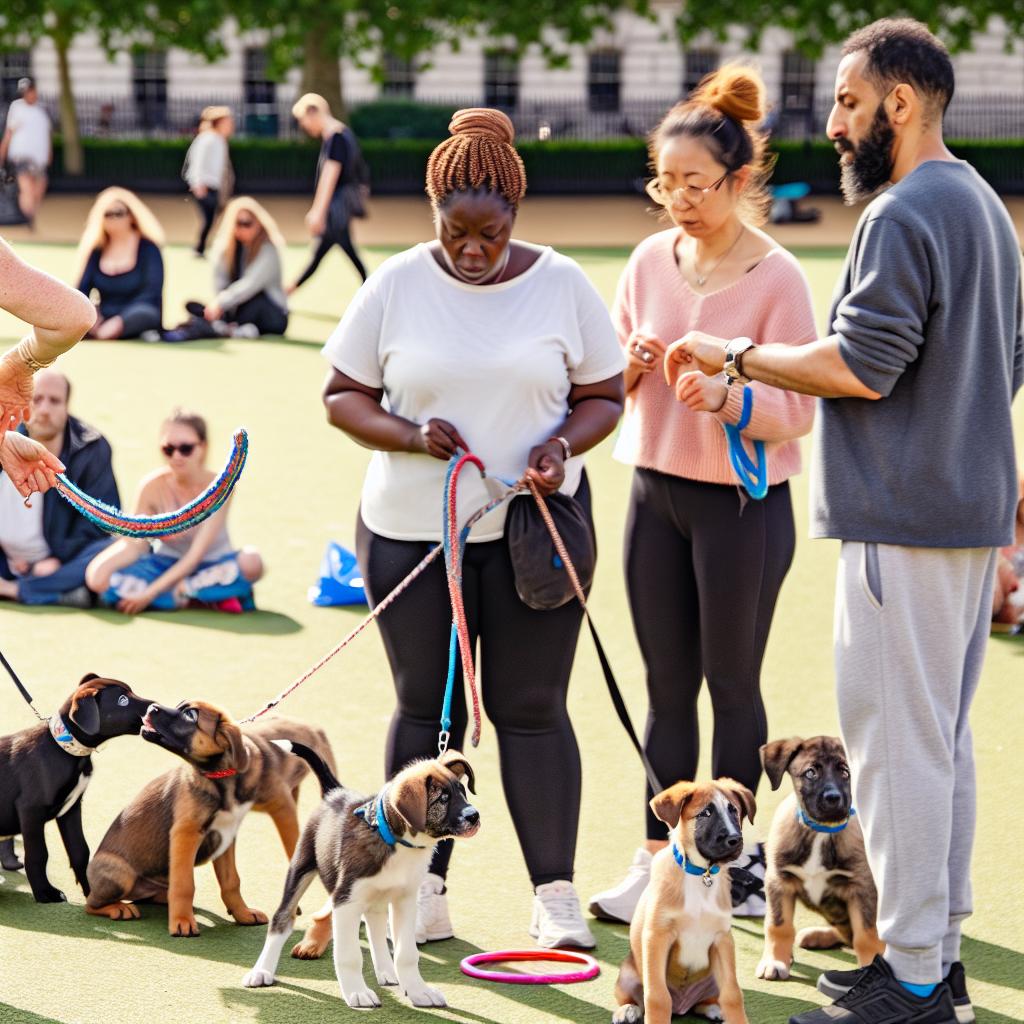 Diverse group conducting puppy training in park.