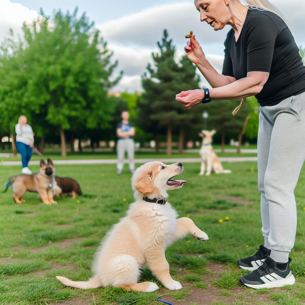 Puppy training session in outdoor park