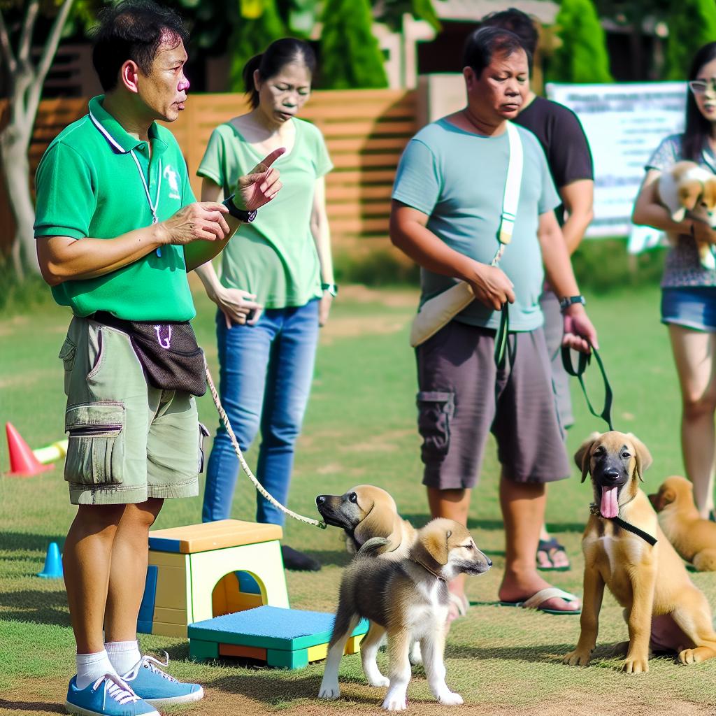 Puppy training class outdoors on a sunny day.