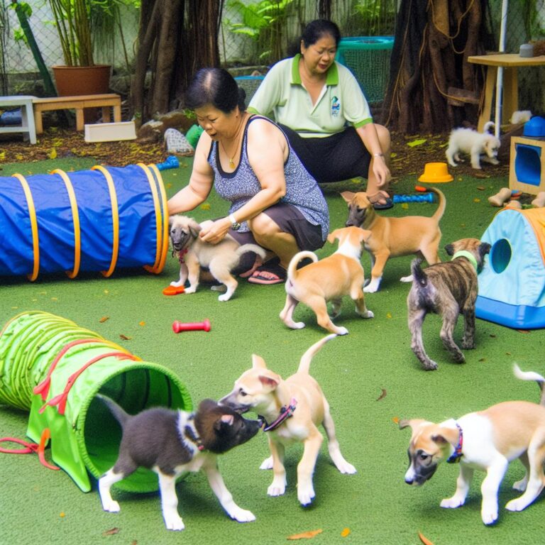 Puppies training in a lush garden setting.