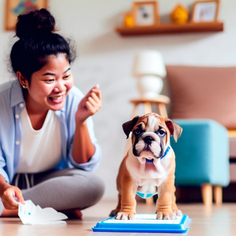 South Asian female puppy trainer with Bulldog.